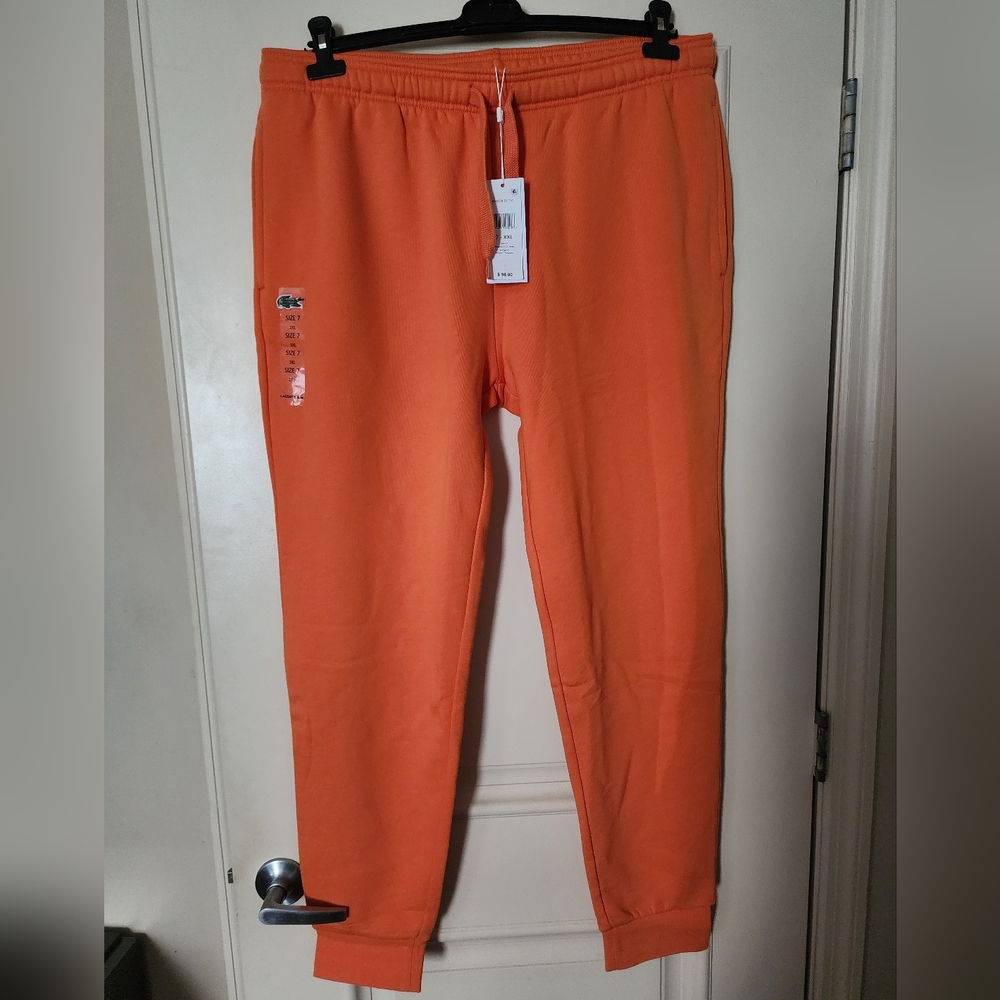 NWT Lacoste Men's Orange Sweatpants with Elastic Waistband & Cuffed Ankles, Sz 7